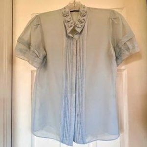 Elie Tahari Blouse Baby Blue Pintuck Pleats, Floral clusters, Embroidery, XS